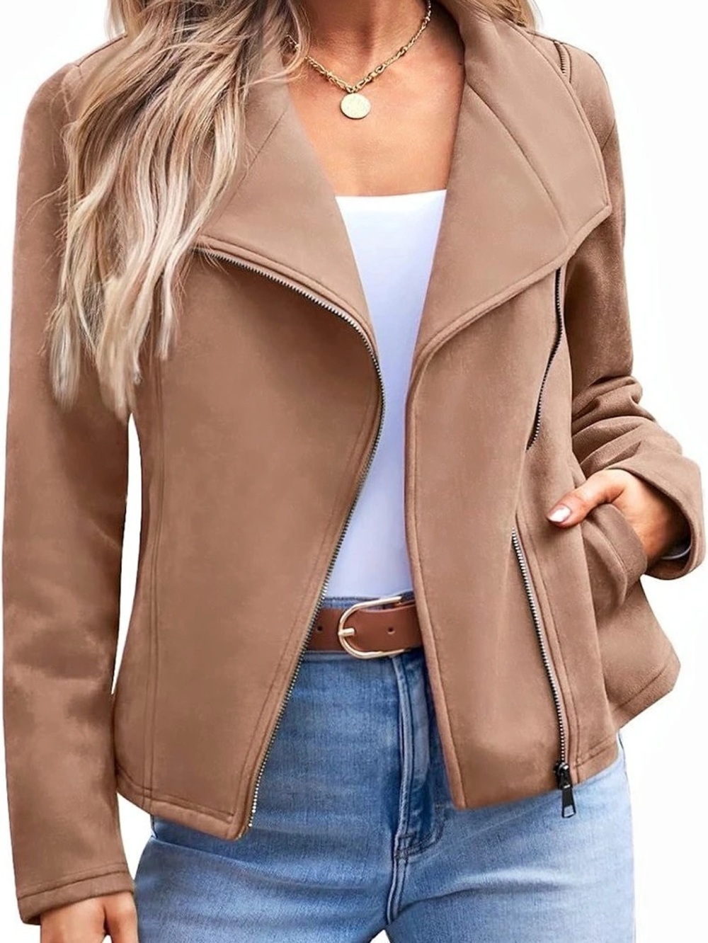 Automet Women's Oversized Faux Suede Motorcycle Jacket Brown XL